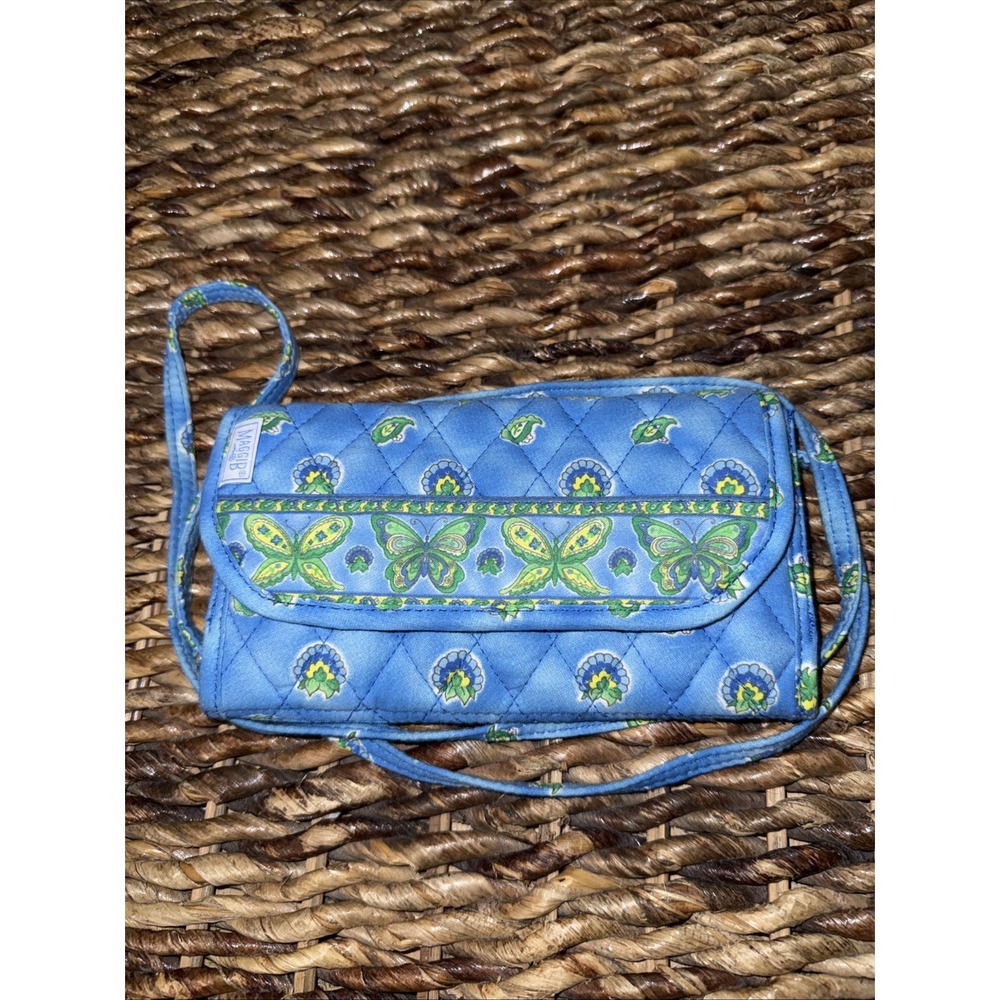 Maggie B Blue Quilted Butterfly Crossbody Wallet Organizer Purse Bag